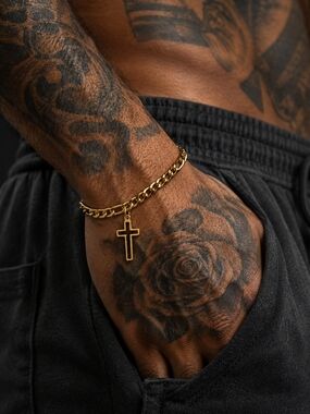 Gold Cross Charm Figaro Link Bracelet